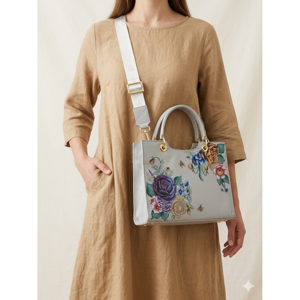 Anuschka Hand Painted Leather Floral Bee Satchel Bag Gray Whimsical Boho-Chic